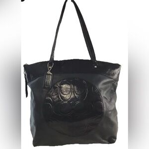 VINTAGE COACH BLACK SIGNATURE MATTE & PATENT LEATHER TOTE PURSE HANDBAG